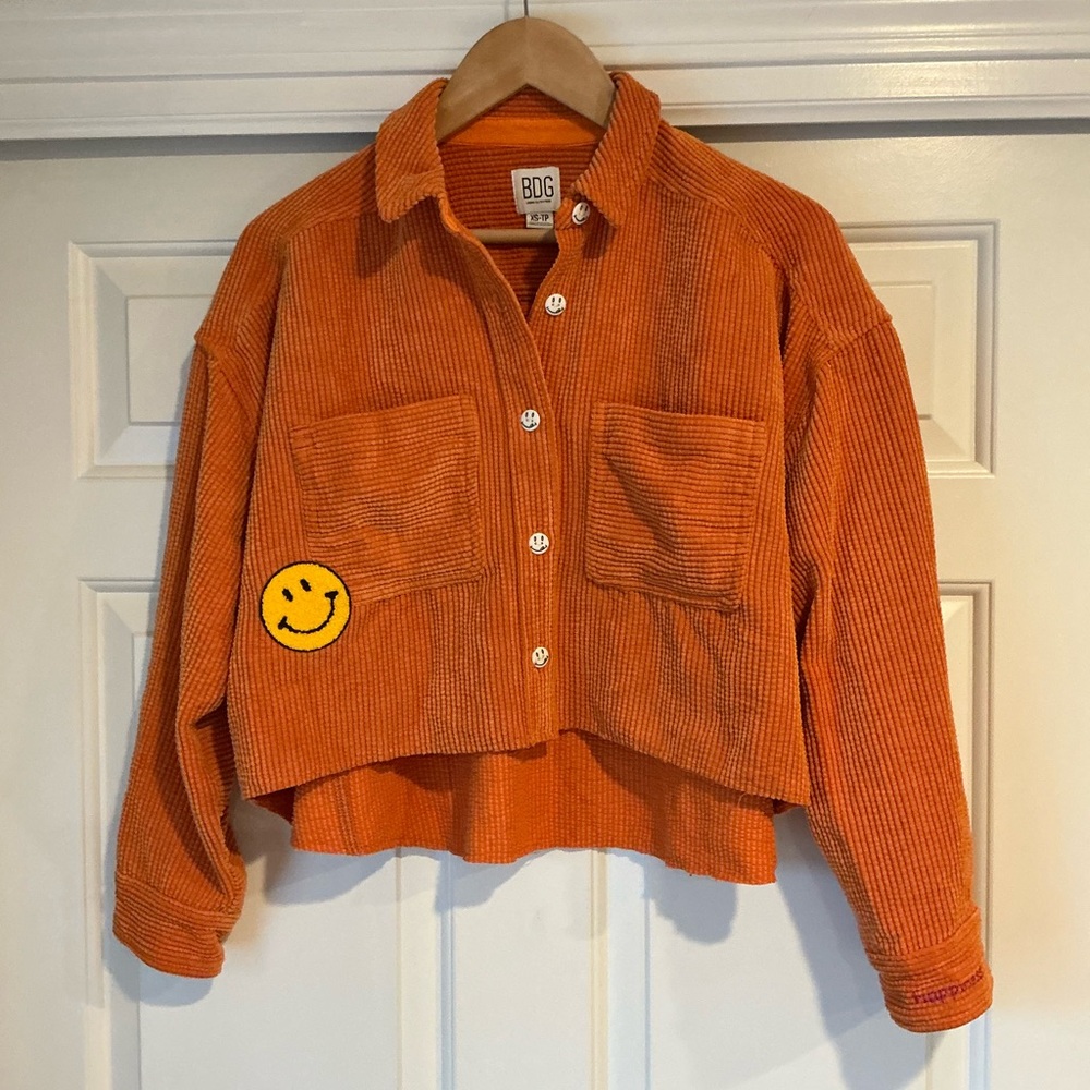BDG Orange Waffle Corduroy Smily Face Crop Oversized Shirt XS